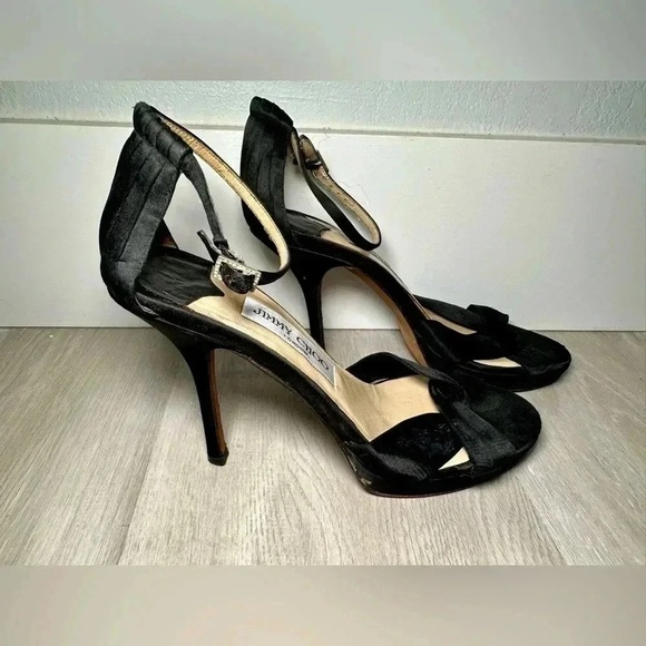 Jimmy Choo Black Satin Ankle Strap Bow Heels Sandals Women's Size 37 - Picture 5 of 7
